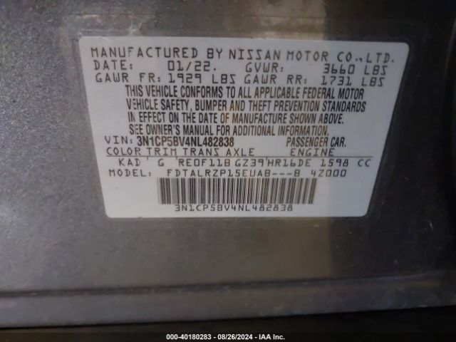 3N1CP5BV4NL482838 Nissan Kicks S Xtronic Cvt