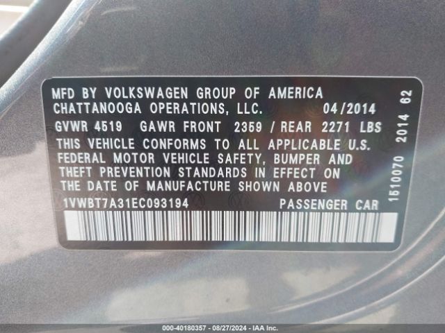 1VWBT7A31EC093194 Volkswagen Passat 1.8t Se