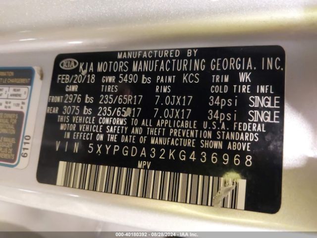 5XYPGDA32KG436968 KIA Sorento 2.4l Lx