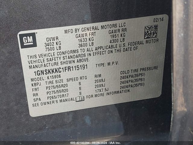 1GNSKKKC1FR115191 Chevrolet Suburban 1500 Ltz