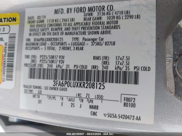 3FA6P0LUXKR208125 Ford Fusion Hybrid Se