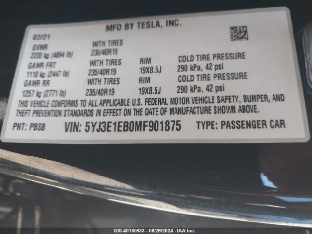 5YJ3E1EB0MF901875 Tesla Model 3 Long Range Dual Motor All-wheel Drive