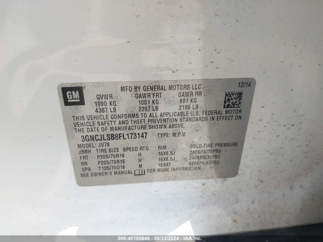 Chevrolet Trax Lt 2015 3GNCJLSB8FL173147 Image 9