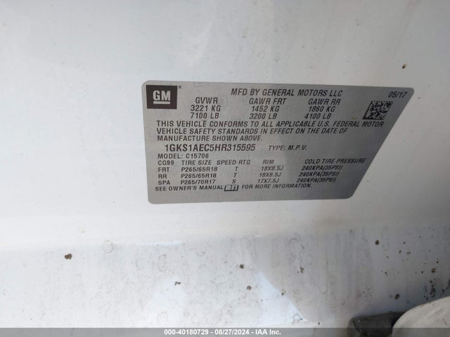 1GKS1AEC5HR315595 GMC YUKON SLE