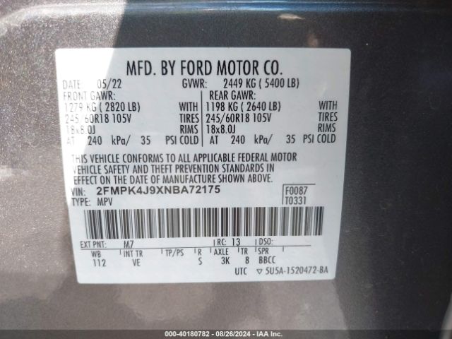 2FMPK4J9XNBA72175 Ford EDGE SEL