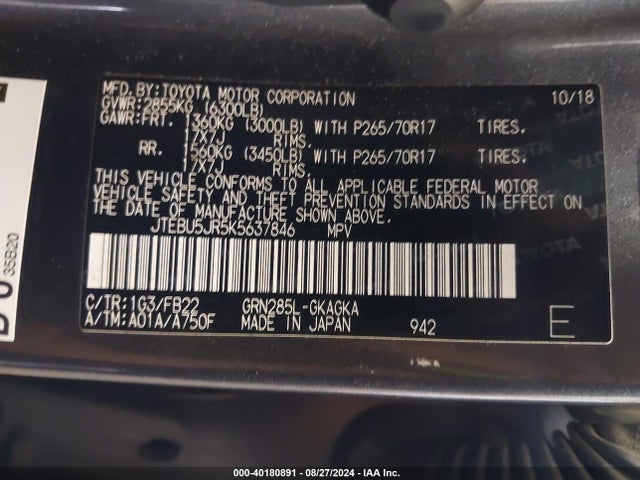 Toyota 4RUNNER SR5 2019 JTEBU5JR5K5637846 Image 9