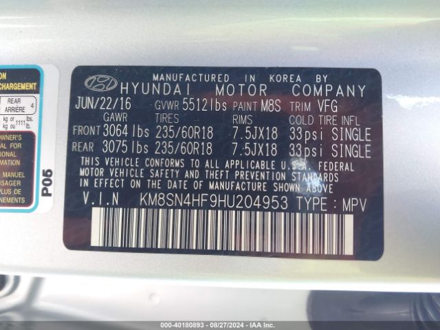 KM8SN4HF9HU204953 Hyundai Santa Fe Limited