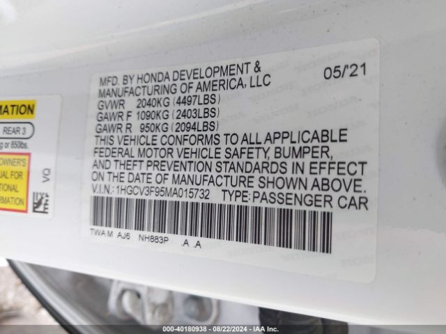 1HGCV3F95MA015732 Honda Accord Hybrid Touring