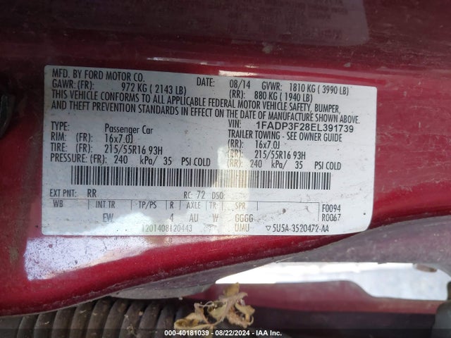 Ford FOCUS SE 2014 1FADP3F28EL391739 Image 9