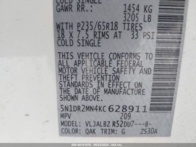 5N1DR2MN4KC628911 Nissan Pathfinder S