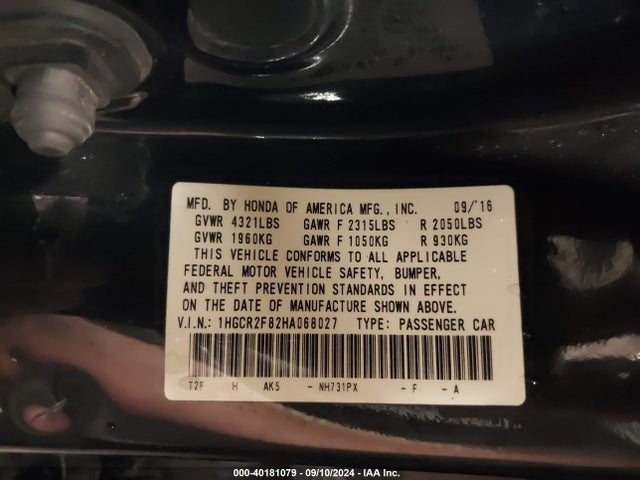 Honda Accord Ex-l 2017 1HGCR2F82HA068027 Image 9