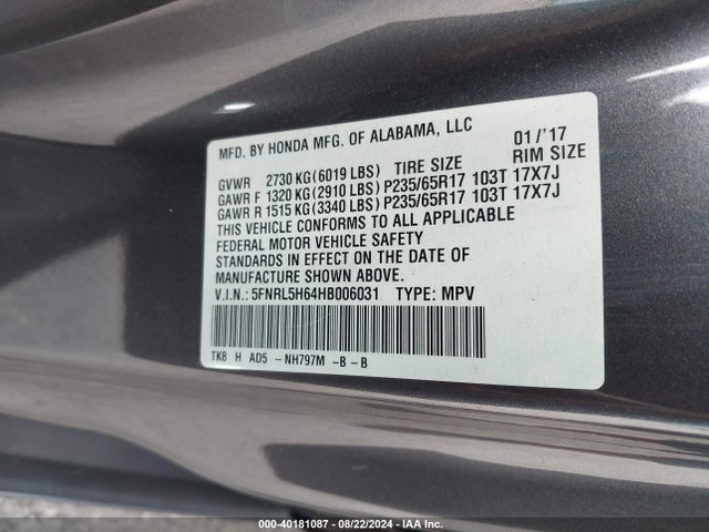 Honda Odyssey Ex-l 2017 5FNRL5H64HB006031 Image 9