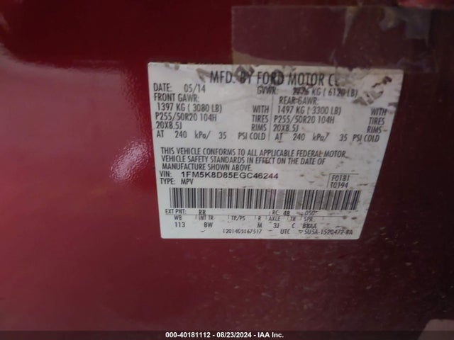 Ford EXPLORER XLT 2014 1FM5K8D85EGC46244 Image 9