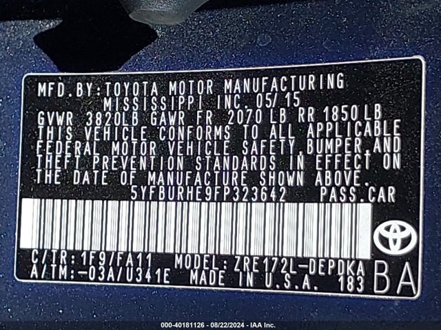 Toyota COROLLA L 2015 5YFBURHE9FP323642 Image 9