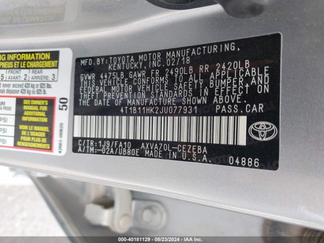 4T1B11HK2JU077931 Toyota CAMRY L
