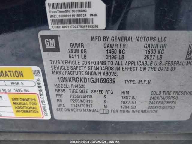 1GNKRGKD1GJ169639 Chevrolet Traverse 1lt