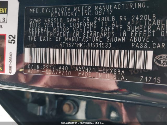 4T1B21HK1JU501533 Toyota Camry Hybrid Xle