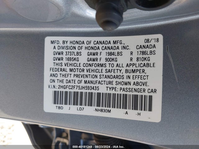 Honda CIVIC EX 2018 2HGFC2F75JH593435 Image 9