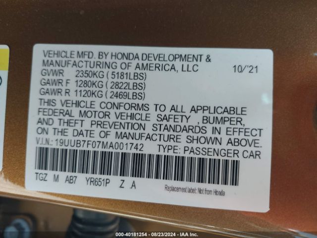 19UUB7F07MA001742 Acura Tlx Type S