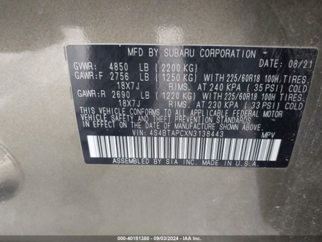 4S4BTAPCXN3138443 Subaru Outback Touring