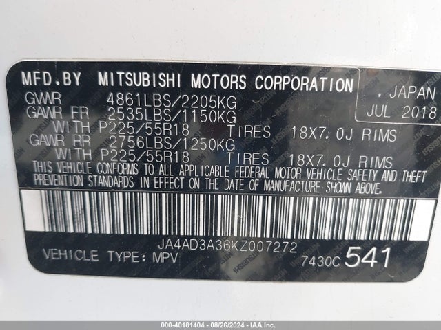 2019 MITSUBISHI OUTLANDER JA4AD3A36KZ007272 Photo 8