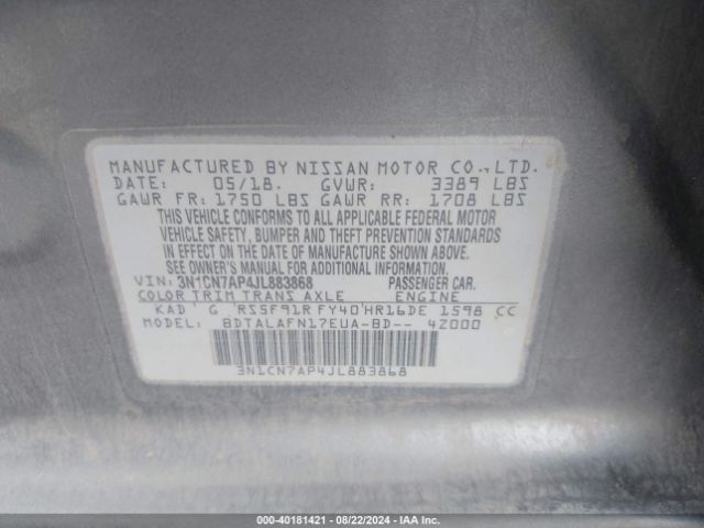 3N1CN7AP4JL883868 Nissan Versa 1.6 S