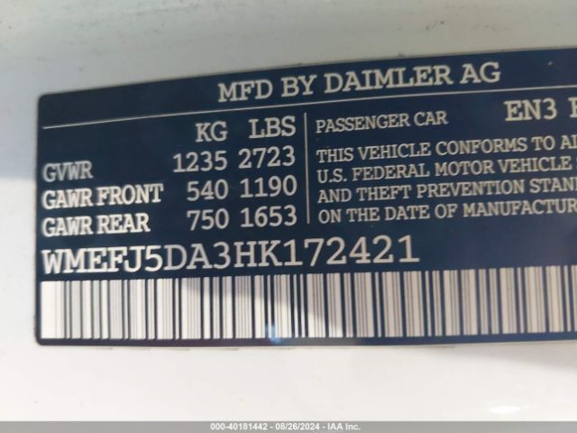 WMEFJ5DA3HK172421 Smart Fortwo Passion/prime/proxy/pure