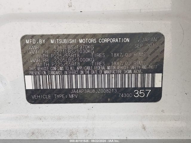 JA4AP3AU8JZ008213 Mitsubishi Outlander Sport Es 2.0