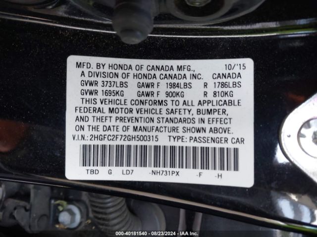 2HGFC2F72GH500315 Honda CIVIC EX