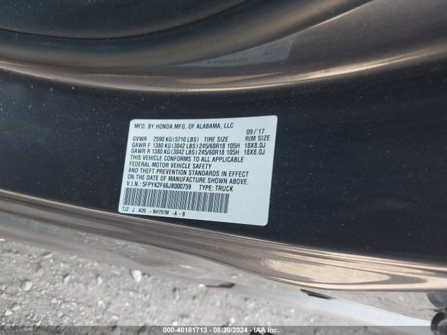 Honda Ridgeline Rtl-t 2018 5FPYK2F66JB000759 Image 9