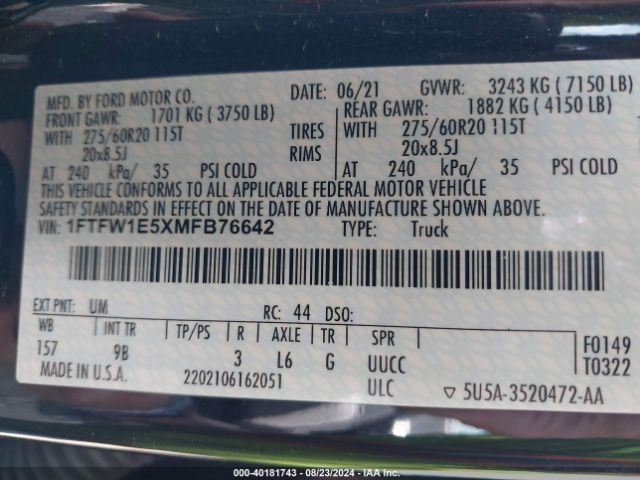 1FTFW1E5XMFB76642 Ford F-150 Platinum
