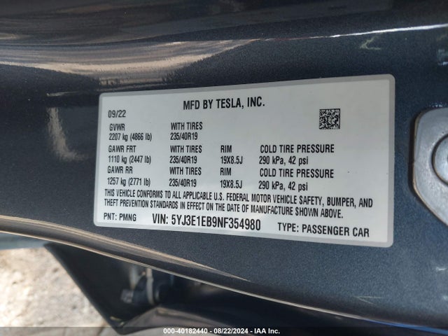 Tesla Model 3 Long Range Dual Motor All-wheel Drive 2022 5YJ3E1EB9NF354980 Image 9