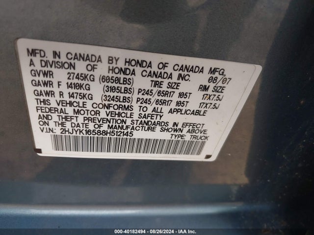 Aukcja sprzedaży 2008 Honda Ridgeline Rtl, vin: 2HJYK16588H512145, numer aukcji: 40182494