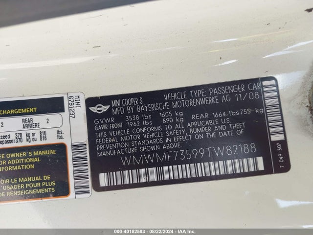 2009 MINI COOPER S WMWMF73599TW82188 Photo 8