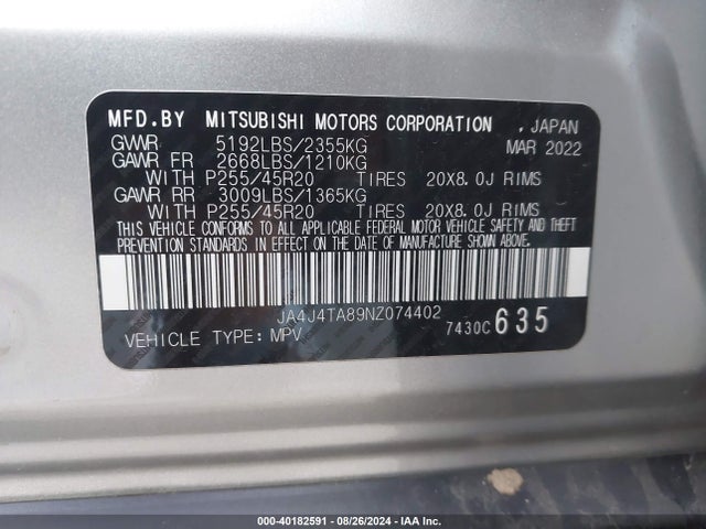 2022 MITSUBISHI OUTLANDER JA4J4TA89NZ074402 Photo 8