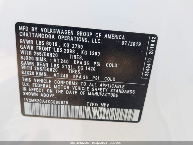 1V2MR2CA4KC586628 Volkswagen Atlas 3.6l V6 Sel