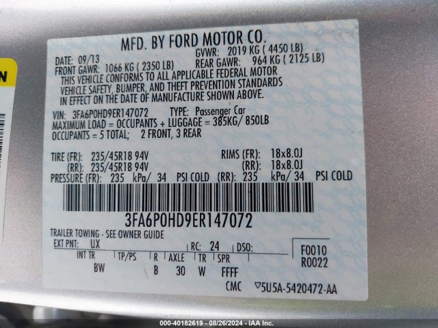 Ford FUSION SE 2014 3FA6P0HD9ER147072 Image 9