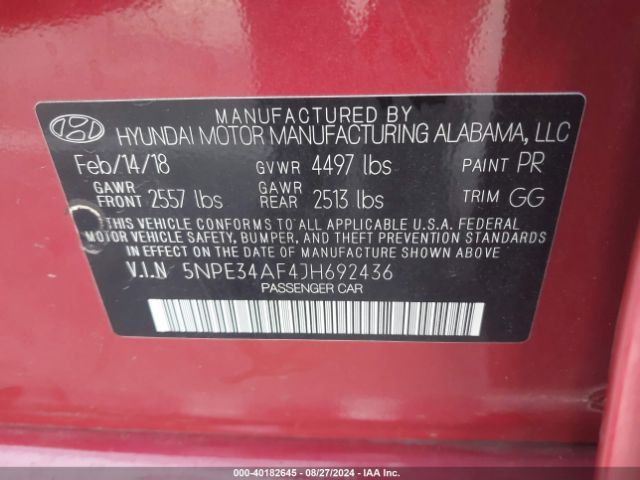 5NPE34AF4JH692436 Hyundai SONATA SEL