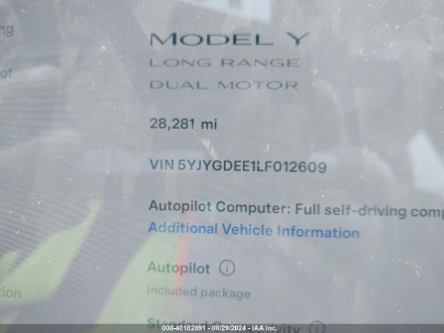 5YJYGDEE1LF012609 Tesla Model Y Long Range Dual Motor All-wheel Drive