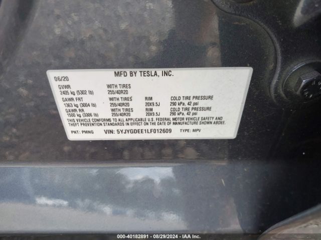 5YJYGDEE1LF012609 Tesla Model Y Long Range Dual Motor All-wheel Drive