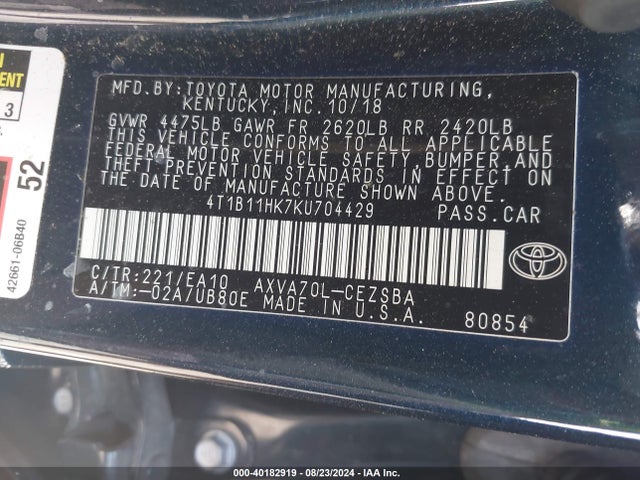 Toyota CAMRY SE 2019 4T1B11HK7KU704429 Image 9