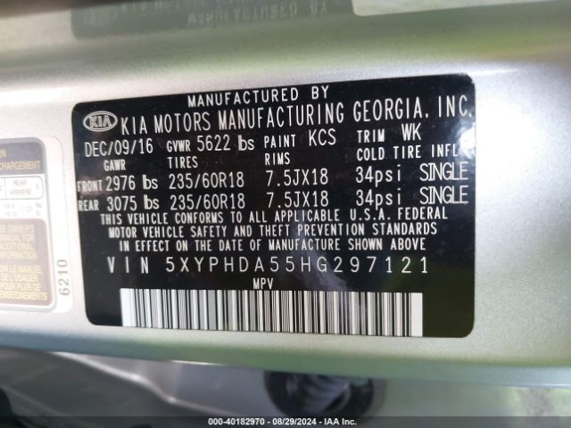 5XYPHDA55HG297121 KIA Sorento 3.3l Ex