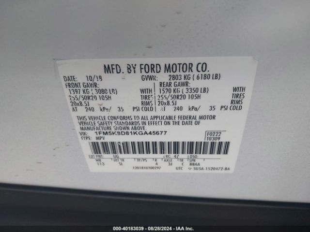 2019 FORD EXPLORER 1FM5K8D81KGA45677 Photo 8