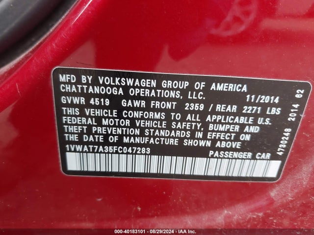 1VWAT7A35FC047283 Volkswagen Passat 1.8t S