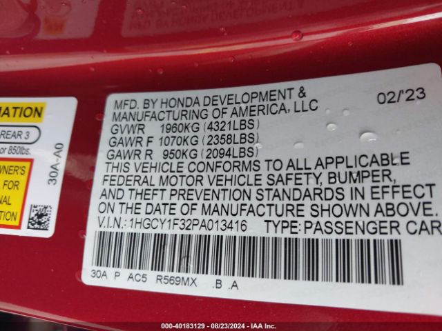 1HGCY1F32PA013416 Honda ACCORD EX