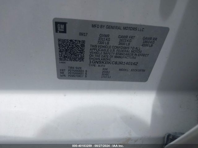 1GNSKBKC8JR140162 Chevrolet Tahoe Lt