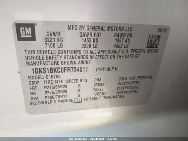 1GKS1BKC0FR734011 GMC YUKON SLT