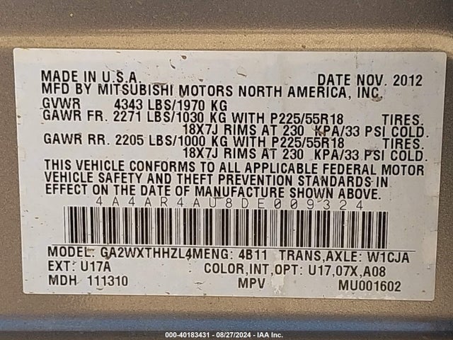 2013 MITSUBISHI OUTLANDER SPORT 4A4AR4AU8DE009324 Photo 8