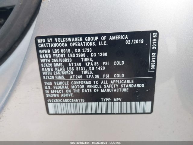1V2XR2CA5KC545115 Volkswagen Atlas 3.6l V6 Se W/technology R-line