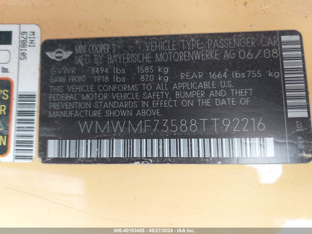 2008 MINI COOPER S WMWMF73588TT92216 Photo 8